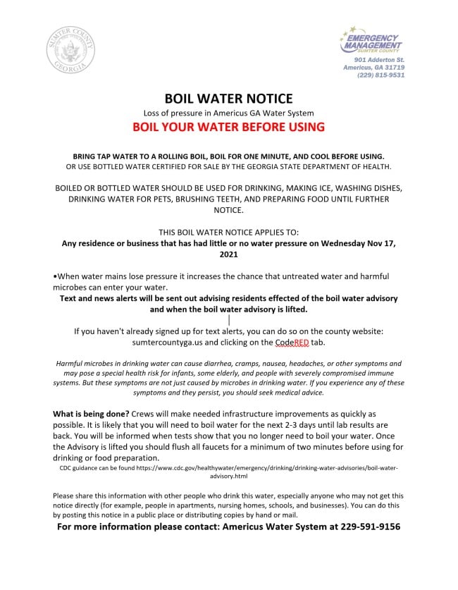 Americus Boil Water Advisory Notice